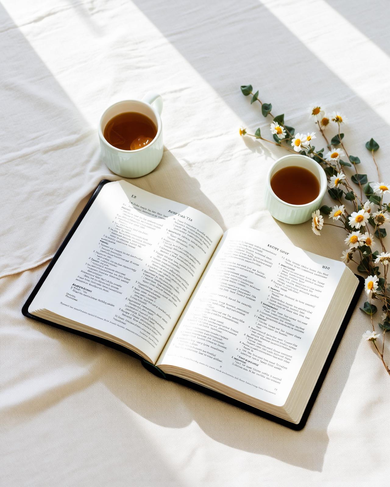 Biblia abierta con luz de la mañana